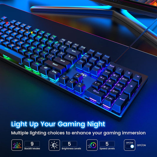 RisoPhy Mechanical Gaming Keyboard, RGB 104 Keys Ultra-Slim LED Backlit USB Wired Keyboard with Blue Switch