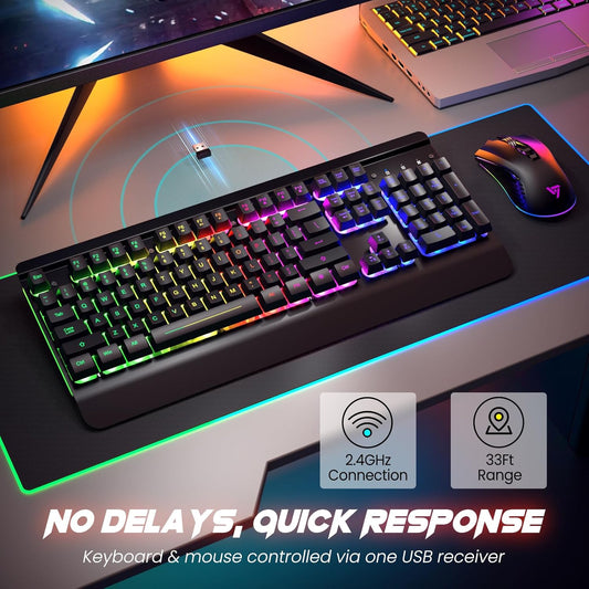 RisoPhy Wireless Gaming Keyboard and Mouse Combo, Metal Panel, 7 Color Backlits, Rechargeable 3200 mAh Battery, Wrist Rest, Sleep Mode, Light Up Keyboard + 7D 3200DPI Gaming Mice for PC Gamer