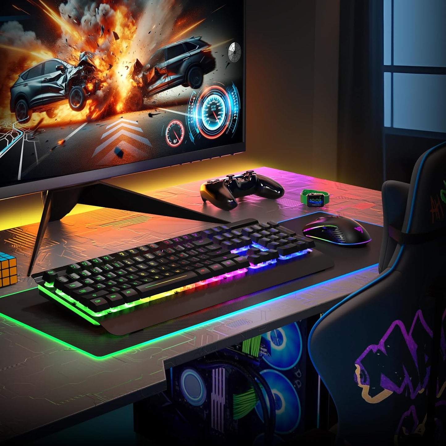 RisoPhy Wireless Gaming Keyboard and Mouse Combo, Metal Panel, 7 Color Backlits, Rechargeable 3200 mAh Battery, Wrist Rest, Sleep Mode, Light Up Keyboard + 7D 3200DPI Gaming Mice for PC Gamer