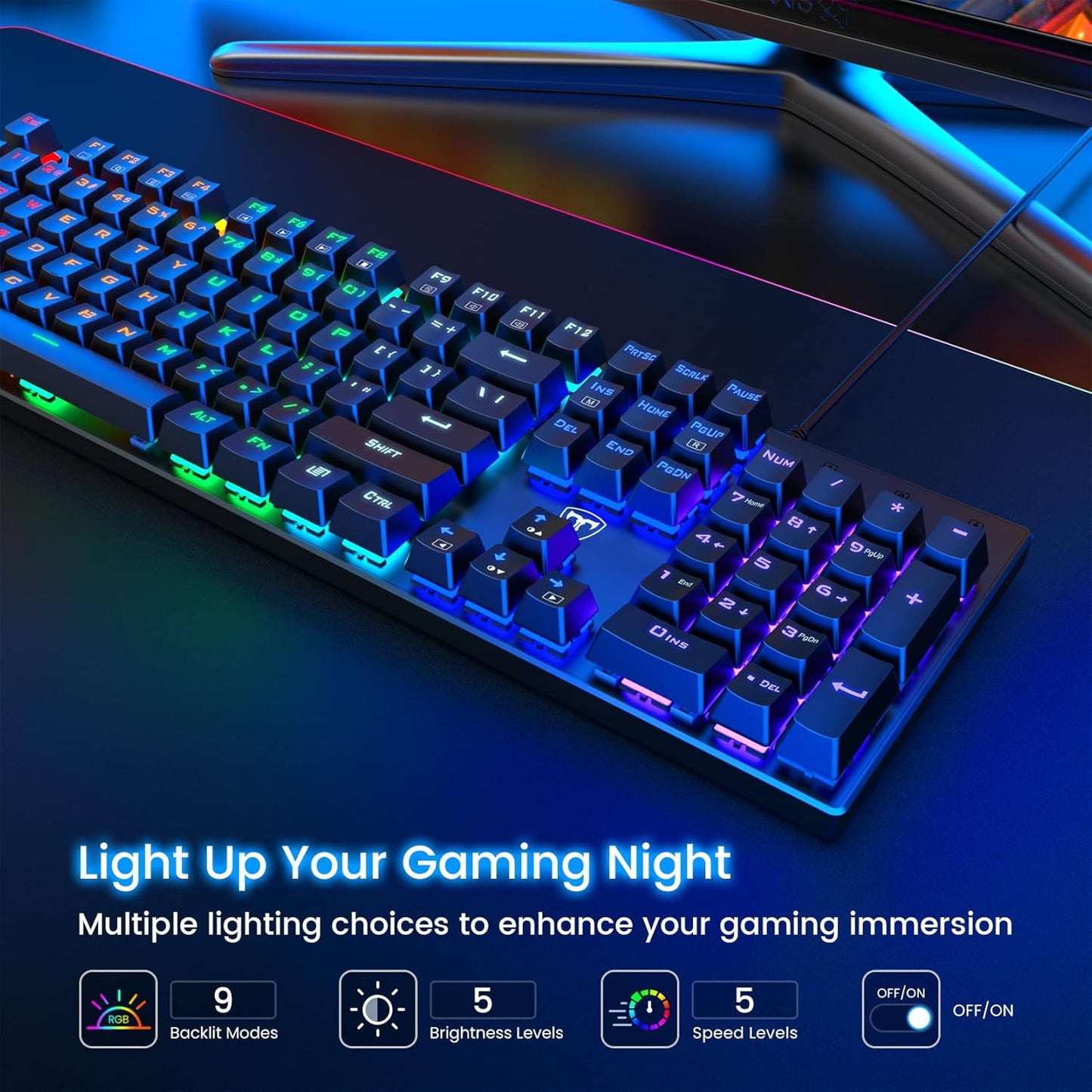 RisoPhy Mechanical Gaming Keyboard, RGB 104 Keys Ultra-Slim LED Backlit USB Wired Keyboard with Blue Switch