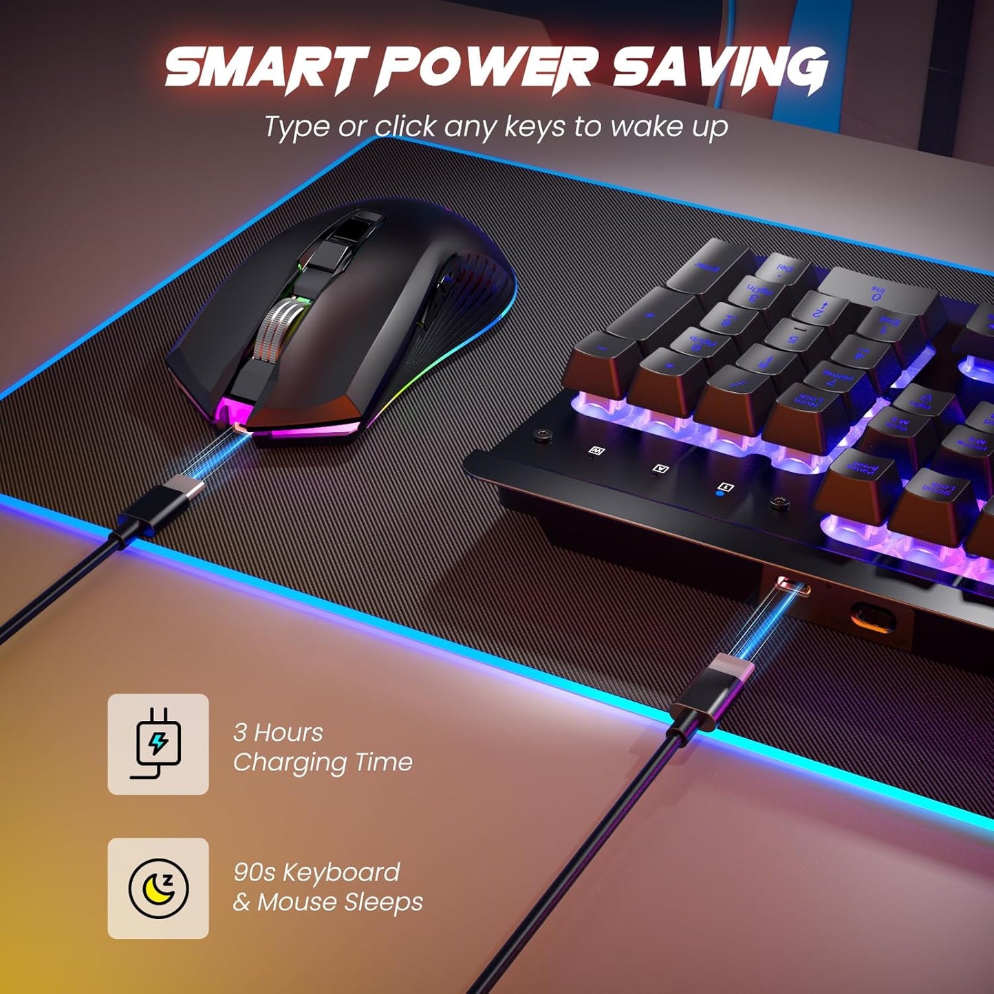 RisoPhy Wireless Gaming Keyboard and Mouse Combo, Metal Panel, 7 Color Backlits, Rechargeable 3200 mAh Battery, Wrist Rest, Sleep Mode, Light Up Keyboard + 7D 3200DPI Gaming Mice for PC Gamer