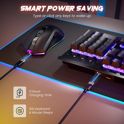 RisoPhy Wireless Gaming Keyboard and Mouse Combo, Metal Panel, 7 Color Backlits, Rechargeable 3200 mAh Battery, Wrist Rest, Sleep Mode, Light Up Keyboard + 7D 3200DPI Gaming Mice for PC Gamer