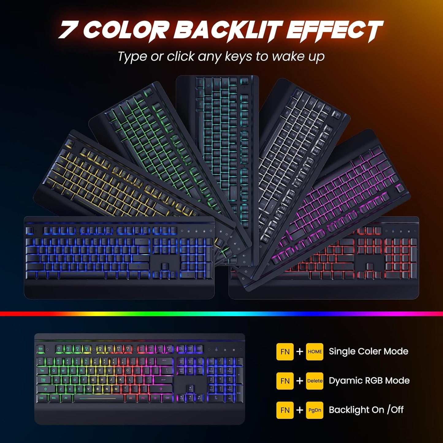RisoPhy Wireless Gaming Keyboard and Mouse Combo, Metal Panel, 7 Color Backlits, Rechargeable 3200 mAh Battery, Wrist Rest, Sleep Mode, Light Up Keyboard + 7D 3200DPI Gaming Mice for PC Gamer
