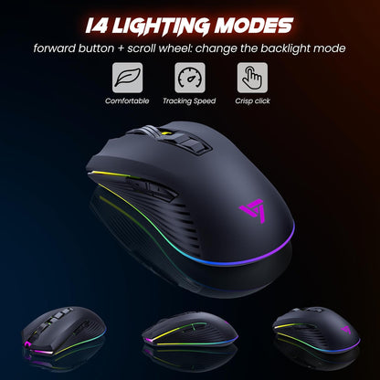 RisoPhy Wireless Gaming Keyboard and Mouse Combo, Metal Panel, 7 Color Backlits, Rechargeable 3200 mAh Battery, Wrist Rest, Sleep Mode, Light Up Keyboard + 7D 3200DPI Gaming Mice for PC Gamer